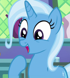 Size: 568x628 | Tagged: safe, screencap, trixie, pony, unicorn, all bottled up, g4, cute, diatrixes, female, mare, open mouth, raised hoof, smiling, solo