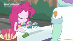Size: 2208x1242 | Tagged: safe, screencap, pinkie pie, human, equestria girls, g4, my little pony equestria girls: better together, too hot to handle, clothes, duo, female, geode of sugar bombs, male, money, snow cone, spoon, swimsuit, unnamed character, unnamed human