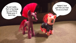 Size: 1024x576 | Tagged: safe, artist:chili19, pinkie pie, tempest shadow, earth pony, pony, unicorn, g4, my little pony: the movie, armor, broken horn, clothes swap, eye scar, horn, irl, photo, scar, toy