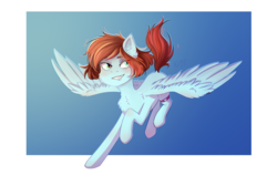 Size: 3035x2150 | Tagged: safe, artist:shiro-roo, oc, oc only, pegasus, pony, blushing, cheek fluff, chest fluff, female, flying, grin, high res, mare, simple background, smiling, solo