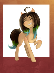 Size: 2150x2883 | Tagged: safe, artist:shiro-roo, oc, oc only, earth pony, pony, chest fluff, eyes closed, female, freckles, grin, high res, mare, multicolored hair, raised hoof, simple background, smiling, solo