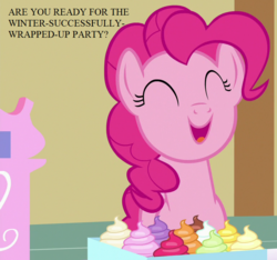 Size: 768x720 | Tagged: safe, edit, edited screencap, editor:korora, screencap, pinkie pie, a flurry of emotions, g4, bronybait, cropped, cupcake, cute, diapinkes, food, sugarcube corner, text