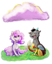 Size: 3508x4361 | Tagged: safe, artist:hehm, discord, princess celestia, g4, cloud, duo, friends, pink-mane celestia, simple background, transparent background, younger