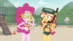 Size: 2208x1242 | Tagged: safe, screencap, pinkie pie, sunset shimmer, equestria girls, g4, my little pony equestria girls: better together, unsolved selfie mysteries, beach shorts swimsuit, belly button, clothes, dive mask, duo, duo female, female, geode of empathy, geode of sugar bombs, goggles, magical geodes, midriff, one-piece swimsuit, pinkie pie swimsuit, snorkel, sunset shimmer's beach shorts swimsuit, swimsuit