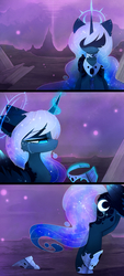 Size: 1101x2429 | Tagged: safe, artist:magnaluna, princess luna, alicorn, pony, g4, alternate design, alternate universe, colored wings, crying, cutie mark, ethereal mane, female, galaxy mane, glowing horn, horn, jewelry, magic, mare, mountain, night, regalia, sad, solo, stars, white-haired luna, wings