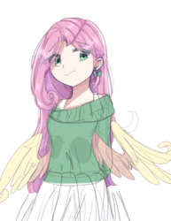 Size: 839x1084 | Tagged: safe, artist:windymils, fluttershy, human, g4, clothes, ear piercing, earring, female, humanized, jewelry, piercing, simple background, skirt, solo, sweater, sweatershy, white background, wings