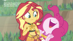 Size: 2208x1242 | Tagged: safe, screencap, pinkie pie, sunset shimmer, equestria girls, equestria girls series, unsolved selfie mysteries, belly button, clothes, cute, diapinkes, happy, midriff, nose in the air, one-piece swimsuit, shimmerbetes, swimsuit, volumetric mouth