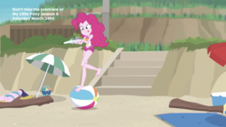 Size: 2208x1242 | Tagged: safe, screencap, pinkie pie, equestria girls, equestria girls series, g4, too hot to handle, ball, barefoot, beach ball, clothes, cute, diapinkes, feet, female, geode of sugar bombs, one-piece swimsuit, snow cone, solo, swimsuit