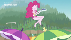 Size: 2208x1242 | Tagged: safe, screencap, pinkie pie, human, equestria girls, g4, my little pony equestria girls: better together, too hot to handle, barefoot, beach umbrella, bouncing, clothes, cute, diapinkes, eyes closed, feet, female, geode of sugar bombs, happy, one-piece swimsuit, open mouth, snow cone, solo, swimsuit, umbrella