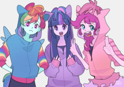 Size: 1143x803 | Tagged: safe, artist:dusty-munji, pinkie pie, rainbow dash, twilight sparkle, equestria girls, g4, clothes, cute, female, hand in pocket, hoodie, looking at you, open mouth, peace sign, simple background, trio, white background