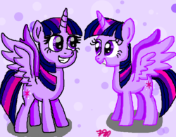 Size: 620x484 | Tagged: safe, artist:prinrue, twilight sparkle, alicorn, pony, g4, my little pony: the movie, abstract background, deviantart muro, duality, looking at each other, movie accurate, self ponidox, spread wings, twilight sparkle (alicorn), wings