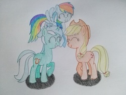 Size: 4160x3120 | Tagged: safe, artist:prinrue, applejack, lyra heartstrings, rainbow dash, g4, hat, shadows, traditional art