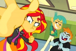 Size: 1012x671 | Tagged: safe, edit, screencap, snails, snips, sunset shimmer, equestria girls, equestria girls specials, g4, my little pony equestria girls: better together, my little pony equestria girls: forgotten friendship, angry, biggest meanie, ceiling light, clothes, faic, hand, jacket, laughing, lockers, pants, punch, school, this will end in pain, upset, wide eyes