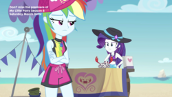 Size: 2208x1242 | Tagged: safe, screencap, rainbow dash, rarity, crab, equestria girls, g4, my little pony equestria girls: better together, too hot to handle, beach, belly button, clothes, female, geode of shielding, geode of super speed, hat, magical geodes, midriff, swimsuit
