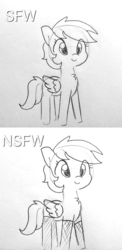 Size: 1268x2602 | Tagged: safe, artist:tjpones, rainbow dash, pegasus, pony, g4, chest fluff, female, fishnet stockings, grayscale, lewd, lineart, mare, monochrome, sketch, smiling, solo, traditional art, we don't normally wear clothes