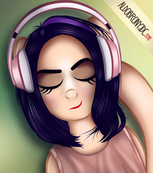 Size: 3100x3500 | Tagged: safe, artist:aldobronyjdc, oc, oc only, oc:melody verve, human, alternate hairstyle, barely pony related, eyes closed, headphones, high res, humanized, solo