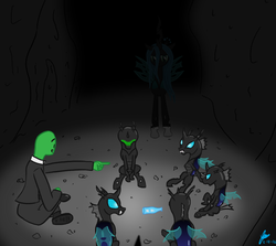 Size: 1063x948 | Tagged: safe, artist:thedrizzle404, queen chrysalis, oc, oc:anon, changeling, human, g4, blushing, cave, dark, pointing, scrunchy face, spin the bottle