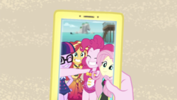 Size: 2208x1242 | Tagged: safe, screencap, fluttershy, pinkie pie, sci-twi, sunset shimmer, twilight sparkle, equestria girls, g4, my little pony equestria girls: better together, unsolved selfie mysteries, clothes, female, fluttershy's wetsuit, grin, group, one eye closed, one-piece swimsuit, pinkie pie swimsuit, quartet, sci-twi swimsuit, selfie, smiling, swimsuit, wetsuit, wink