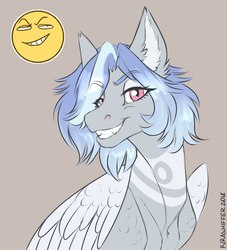 Size: 680x750 | Tagged: safe, artist:dementra369, oc, oc only, pegasus, pony, bust, ear fluff, fangs, female, grin, hair over one eye, mare, portrait, simple background, smiling, solo
