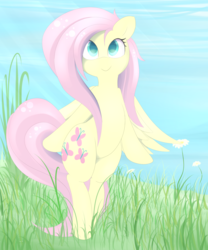 Size: 1024x1229 | Tagged: safe, artist:posionjoke, fluttershy, pegasus, pony, g4, bipedal, cute, female, grass, mare, shyabetes, smiling, solo, wings