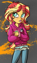 Size: 703x1200 | Tagged: safe, artist:lordfunkyfist, artist:serge-stiles, sunset shimmer, equestria girls, g4, clothes, drink, female, hoodie, long hair, pants, solo, straw, tongue out
