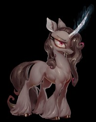 Size: 1006x1280 | Tagged: safe, artist:derekireba, oleander (tfh), classical unicorn, pony, unicorn, them's fightin' herds, black background, cloven hooves, community related, curved horn, female, glowing horn, horn, mare, muscles, painting, simple background, solo, unshorn fetlocks