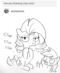 Size: 1389x1694 | Tagged: safe, artist:tjpones, rainbow dash, rarity, pegasus, pony, unicorn, g4, ask, blushing, clapping, clop, clopping, duo, female, lewd, lidded eyes, mare, monochrome, open mouth, shocked, shrunken pupils, tumblr, wide eyes