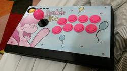 Size: 5312x2988 | Tagged: safe, artist:cobaltsketch, pinkie pie, g4, arcade stick, controller, customized toy, irl, photo, simple background, solo, toy