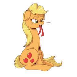 Size: 1000x1000 | Tagged: safe, artist:saturdaymorningproj, applejack, earth pony, pony, g4, female, floppy ears, freckles, loose hair, mare, mouth hold, ribbon, sigh, simple background, sitting, solo, transparent background