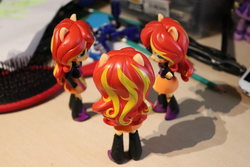 Size: 6000x4000 | Tagged: safe, artist:artofmagicpoland, derpibooru exclusive, sunset shimmer, equestria girls, g4, bacon hair, doll, equestria girls minis, female, foreshadowing, hairbrush, irl, knife, multeity, optimus prime, photo, self paradox, toy, transformers, triality, trio