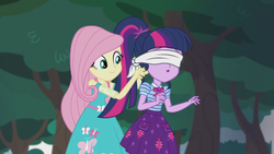 Size: 2208x1242 | Tagged: safe, screencap, fluttershy, sci-twi, twilight sparkle, equestria girls, g4, my little pony equestria girls: better together, stressed in show, stressed in show: fluttershy, blindfold, clothes, cute, female, geode of telekinesis, magical geodes, open mouth, ponytail, sci-twi skirt, skirt, smiling, tree