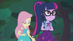 Size: 2208x1242 | Tagged: safe, screencap, fluttershy, sci-twi, twilight sparkle, equestria girls, g4, my little pony equestria girls: better together, stressed in show, stressed in show: fluttershy, clothes, cute, eyes closed, female, geode of telekinesis, glasses, magical geodes, ponytail, raised eyebrow, skirt, tree