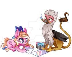 Size: 800x640 | Tagged: safe, artist:ipun, oc, oc only, oc:bay breeze, oc:vistamage, griffon, pegasus, pony, bow, cute, drawing, hair bow, heart eyes, mouth hold, paint bucket, painting, simple background, tail bow, tongue out, transparent background, watermark, wingding eyes