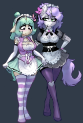 Size: 1100x1618 | Tagged: safe, artist:orchidpony, oc, oc only, oc:orchid, anthro, unguligrade anthro, blushing, chest fluff, clothes, cute, dress, duo, female, floppy ears, lace, maid, maid headdress, moe, simple background, skirt, skirt lift, socks, stockings, striped socks, thigh highs