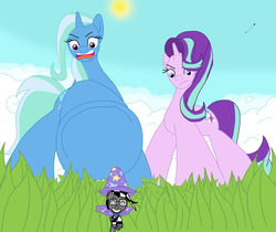 Size: 3048x2563 | Tagged: safe, artist:final7darkness, starlight glimmer, trixie, oc, oc:checkerboard, pony, g4, cape, clothes, female, giantess, grass field, hat, high res, hooves, macro, micro, size difference, tiny ponies, trixie's cape, trixie's hat