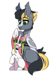 Size: 2000x3000 | Tagged: safe, artist:php172, oc, oc only, oc:choku-dori, oc:stargazer lily, bat pony, pony, unicorn, chest fluff, choker, ear fluff, female, freckles, glasses, head pat, high res, looking at each other, looking down, looking up, male, mare, pat, raised hoof, scar, simple background, sitting, size difference, smiling, stallion, tattoo, transparent background