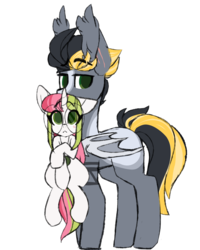 Size: 2000x2500 | Tagged: safe, artist:php172, oc, oc only, oc:choku-dori, oc:stargazer lily, bat pony, pony, unicorn, behaving like a cat, confused, covering, ear fluff, female, freckles, glasses, high res, holding a pony, jewelry, looking at you, male, mare, necklace, scar, scruff, simple background, size difference, stallion, tattoo, transparent background