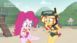 Size: 2208x1242 | Tagged: safe, screencap, pinkie pie, sunset shimmer, equestria girls, equestria girls series, g4, unsolved selfie mysteries, beach, beach shorts swimsuit, clothes, duo, duo female, female, flippers (gear), one-piece swimsuit, snorkel, sunset shimmer's beach shorts swimsuit, swimsuit, tongue out