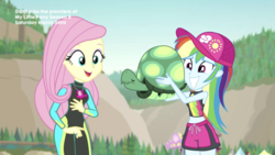 Size: 2208x1242 | Tagged: safe, screencap, fluttershy, rainbow dash, tank, aww... baby turtles, equestria girls, equestria girls series, g4, belly button, clothes, cute, dashabetes, midriff, shorts, squee, wetsuit