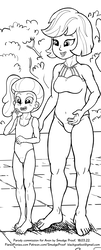 Size: 608x1500 | Tagged: safe, artist:smudge proof, lily pad (g4), victoria, equestria girls, g4, my little pony equestria girls: better together, barefoot, black and white, clothes, commission, feet, female, grayscale, monochrome, mother and daughter, swimsuit, young