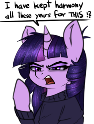 Size: 922x1219 | Tagged: safe, artist:duop-qoub, twilight sparkle, pony, descended twilight, g4, clothes, dialogue, female, immortality blues, looking at you, mare, open mouth, raised hoof, reaction image, simple background, solo, sweater, twilight sparkle is not amused, unamused, white background