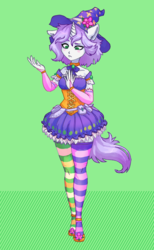 Size: 1296x2100 | Tagged: safe, artist:orchidpony, oc, oc only, oc:orchid, anthro, unguligrade anthro, bare shoulders, choker, clothes, dress, ear fluff, female, frilly dress, green background, magical girl, magical girl outfit, simple background, socks, solo, striped socks, thigh highs