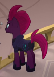 Size: 274x392 | Tagged: safe, screencap, tempest shadow, g4, my little pony: the movie, armor, balcony, broken horn, butt, cropped, displeased, horn, looking down, plot