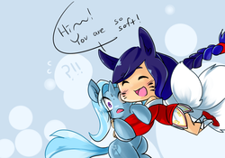 Size: 1000x700 | Tagged: safe, artist:itsayellohpuppy, trixie, fox, human, kitsune, pony, unicorn, g4, ahri, female, filly, hug, league of legends, pounce, tumblr, whisker markings, younger