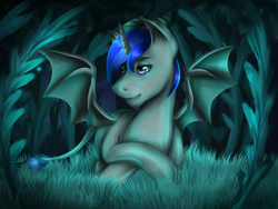 Size: 1600x1200 | Tagged: safe, artist:magicznylucek, oc, oc only, oc:martin bluefire, dracony, dragon, hybrid, beautiful, blue light, dragon hybrid, dragon unicorn, everfree forest, green light, magical, magical forest, male, mood lighting, night, relax, relaxing, scales, solo