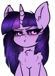 Size: 954x1314 | Tagged: safe, artist:duop-qoub, twilight sparkle, pony, descended twilight, g4, :t, blushing, chest fluff, ear fluff, female, lidded eyes, looking at you, mare, pouting, simple background, solo, white background