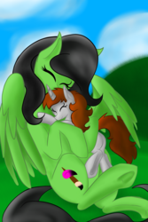Size: 2000x3000 | Tagged: safe, artist:chelseawest, oc, oc only, oc:lily, oc:painted petal, pegasus, pony, unicorn, female, filly, high res, hug, mare, petalverse