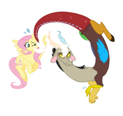 Size: 2673x2532 | Tagged: safe, artist:waackery, discord, fluttershy, draconequus, pegasus, pony, g4, duo, eris, female, half r63 shipping, high res, lesbian, mare, rule 63, ship:discoshy, ship:erishy, shipping, simple background, smiling, transparent background