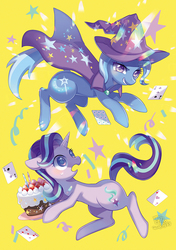 Size: 600x851 | Tagged: safe, artist:jannel300, starlight glimmer, trixie, pony, unicorn, g4, cake, cape, card, clothes, duo, female, floppy ears, food, hat, mare, smiling, trixie's cape, trixie's hat