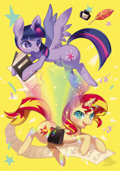 Size: 600x851 | Tagged: safe, artist:jannel300, sunset shimmer, twilight sparkle, alicorn, pony, g4, book, duo, female, mare, quill, saddle bag, smiling, spread wings, twilight sparkle (alicorn), wings